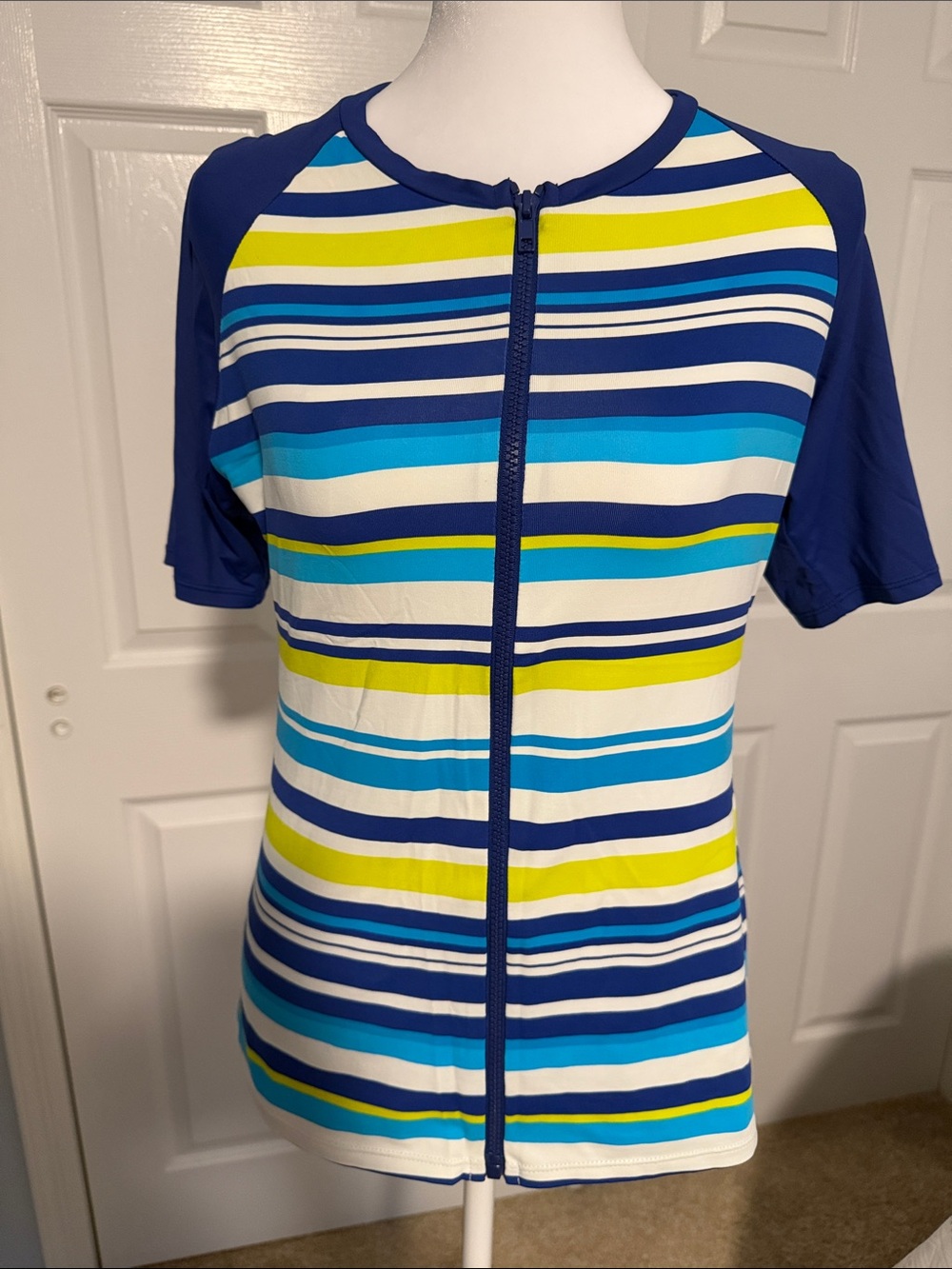 Tommy Bahama Striped Zip-Front Short Sleeve Rashguard  - Medium